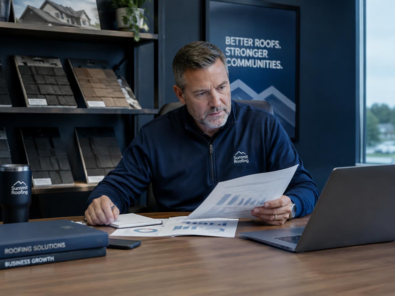 Roofing company owner reviewing performance reports